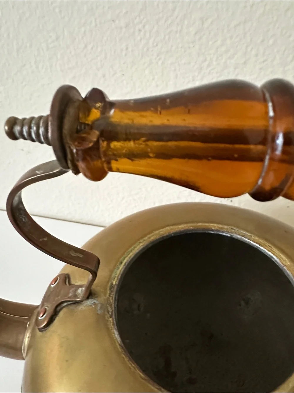Antique-Inspired Brass Footed Tea Kettle with Amber Glass Handle